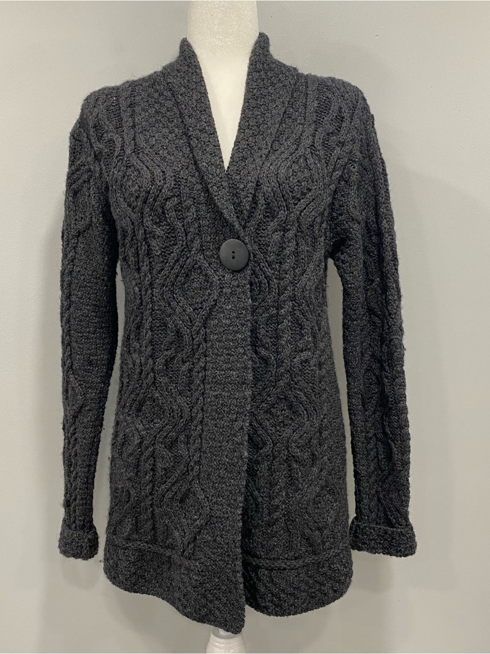 Inis Crafts S Gray Merino Wool Cable Knit Shawl-Collar Cardigan Sweater Heritage